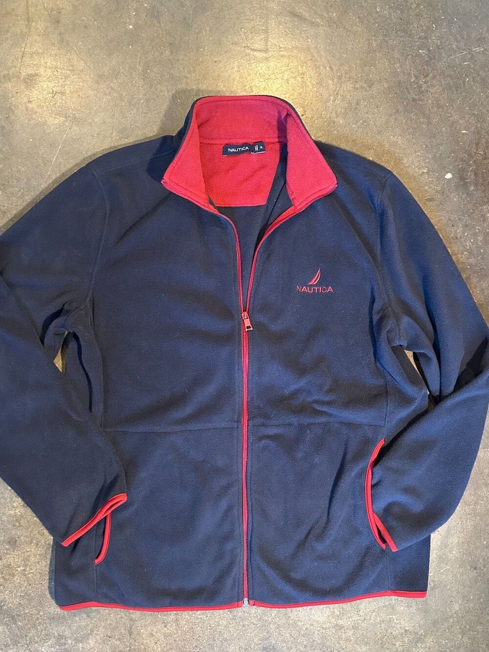 Nautica Men's Navy Blue Red Full Zip Fleece Jacket XL, Long Sleeve with Pockets